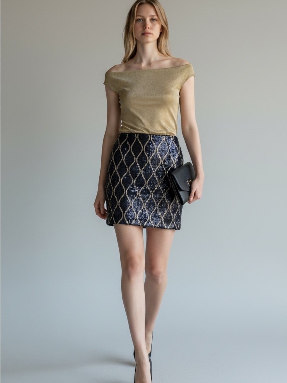 Dress the Population Navy and Gold Sequin Mini Skirt..